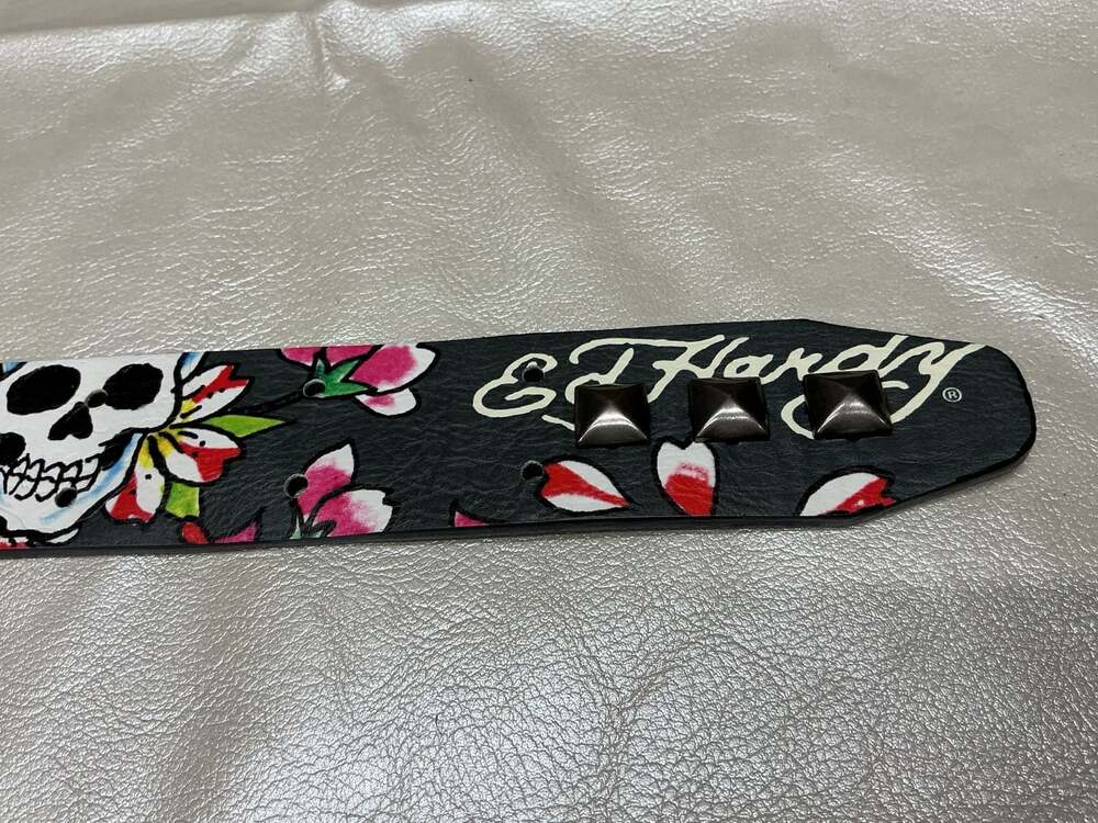 Ed Hardy Men's Skull and Rose Tattoo Print Double-Prong Studded Belt